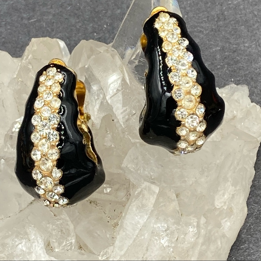 Vintage Ciner Black Enamel Rhinestone Earrings